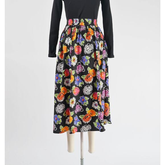 Vintage Cute Floral Vase Pottery Print Full Pleated Midi Skirt with Pockets M - Picture 8 of 9